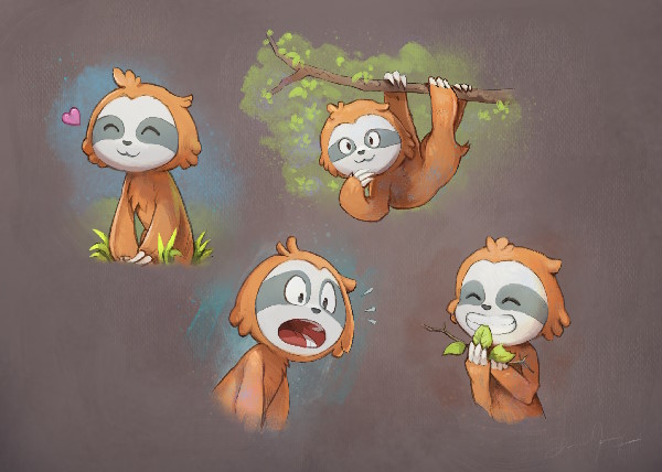 Studio del bradipo del logo di GoToSocial, una serie di immagini in varie pose.